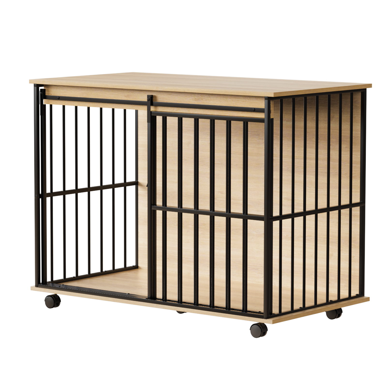 Wooden pet crate with metal bars on a white background