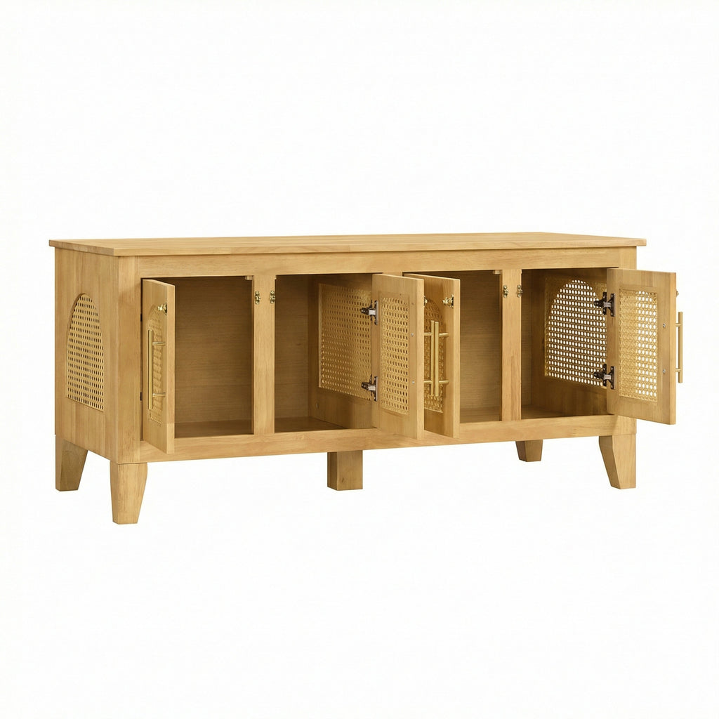 Wooden cabinet with open doors on a white background