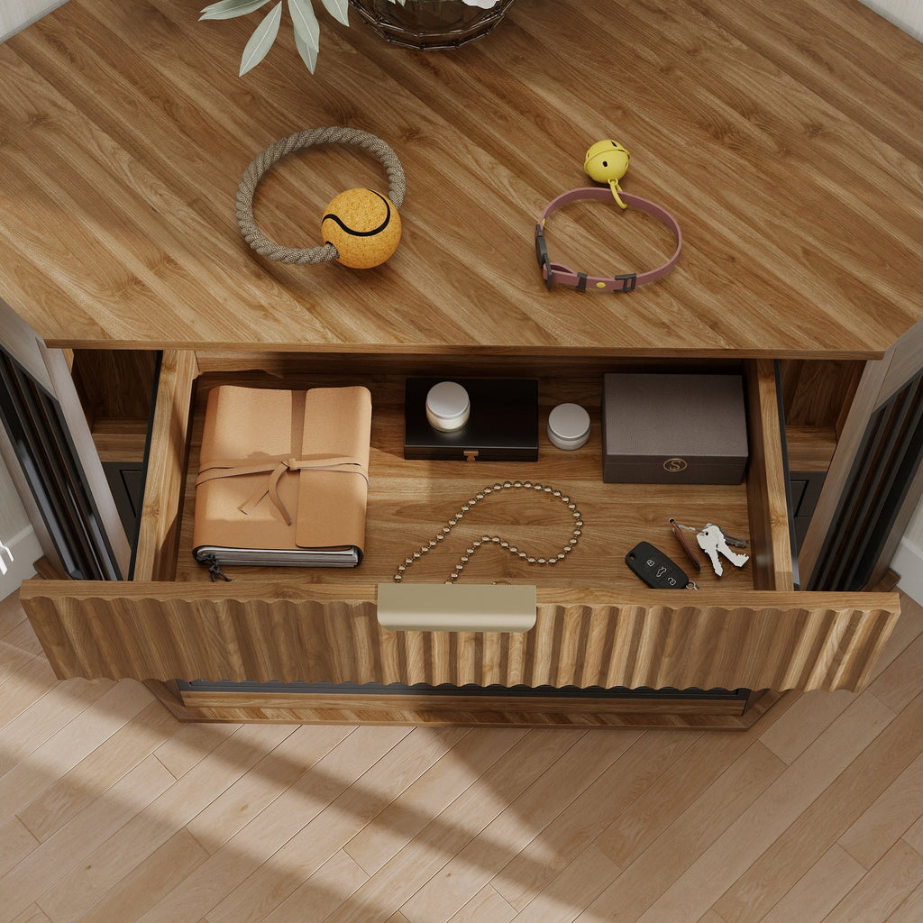 Corner Dog Crate Furniture with Fluted Drawer 