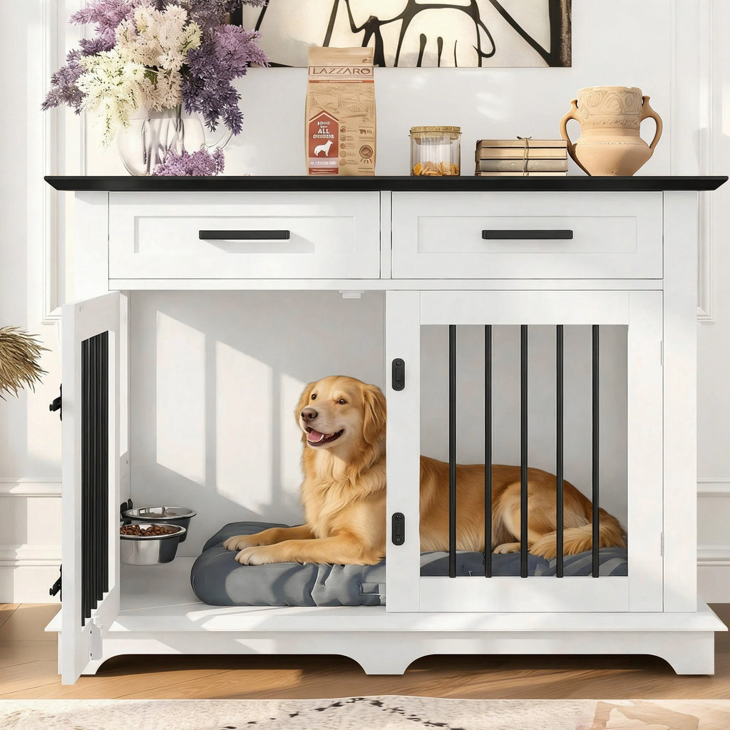 Wooden Dog Crate Furniture with Storage Drawers & Rotating Bowls – 44.48"