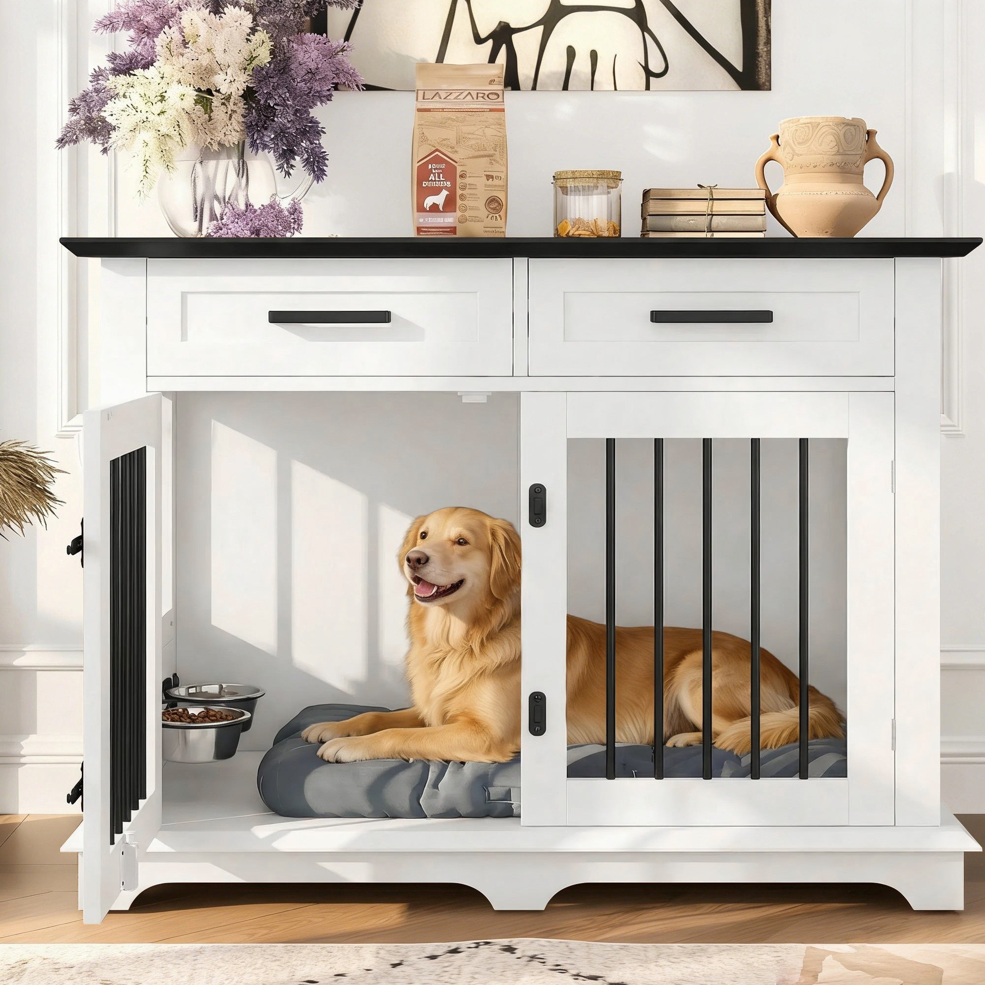 Wooden Dog Crate Furniture with Storage Drawers & Rotating Bowls – 44.48"