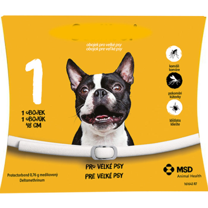 Dog collar packaging with a black and white dog illustration on a yellow background, featuring MSD branding.