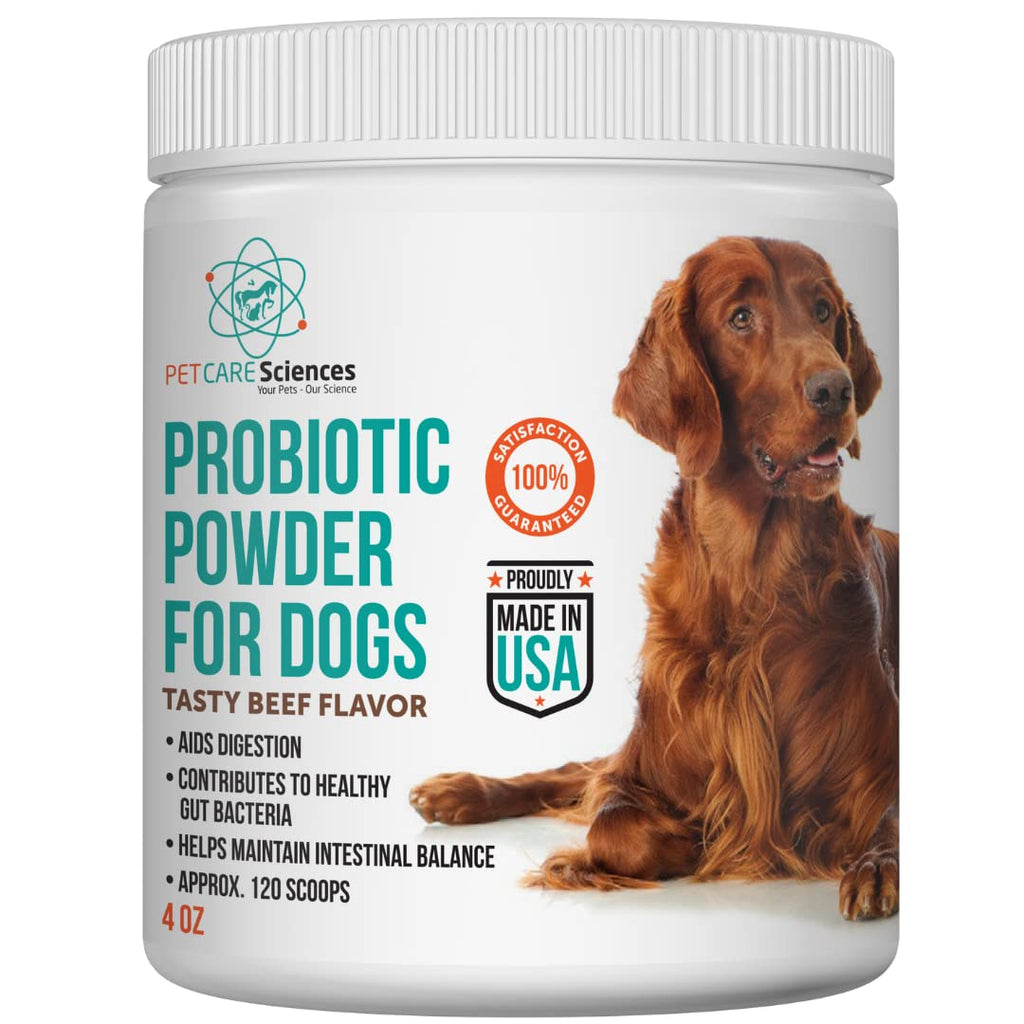 Probiotic powder for dogs with a dog on the label, made in the USA.