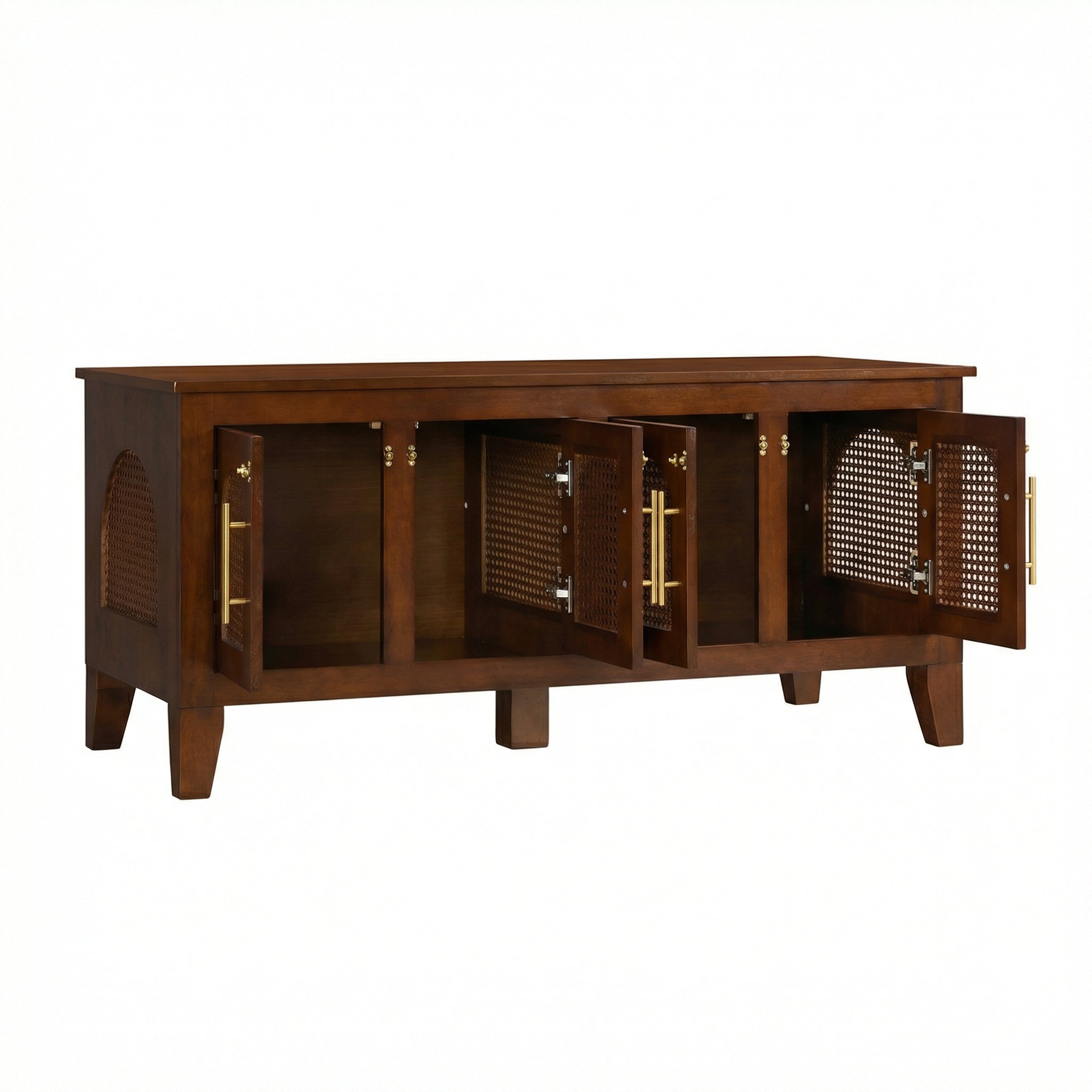 Wooden cabinet with open doors on a white background