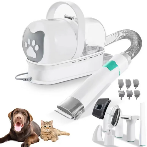 Pet grooming tool set with a white carrying case, brush, and attachments on a white background.