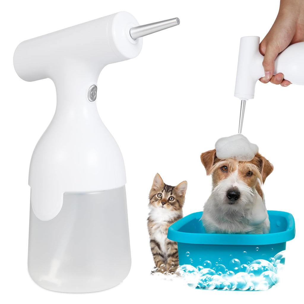 White handheld showerhead with a blue bucket containing a dog and cat, on a white background.