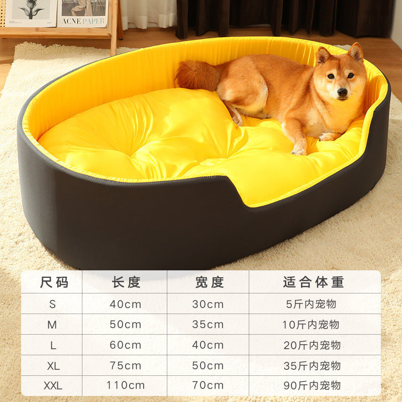 Dog lying on a yellow and black pet bed with a size chart at the bottom.