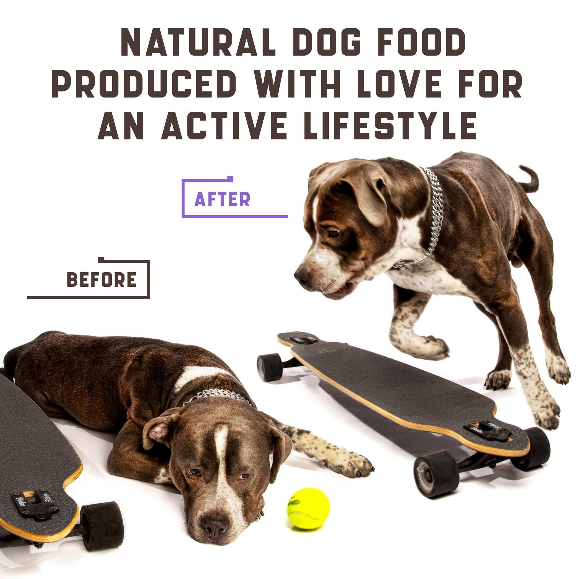Two dogs with skateboards and a ball, promoting natural dog food for an active lifestyle.