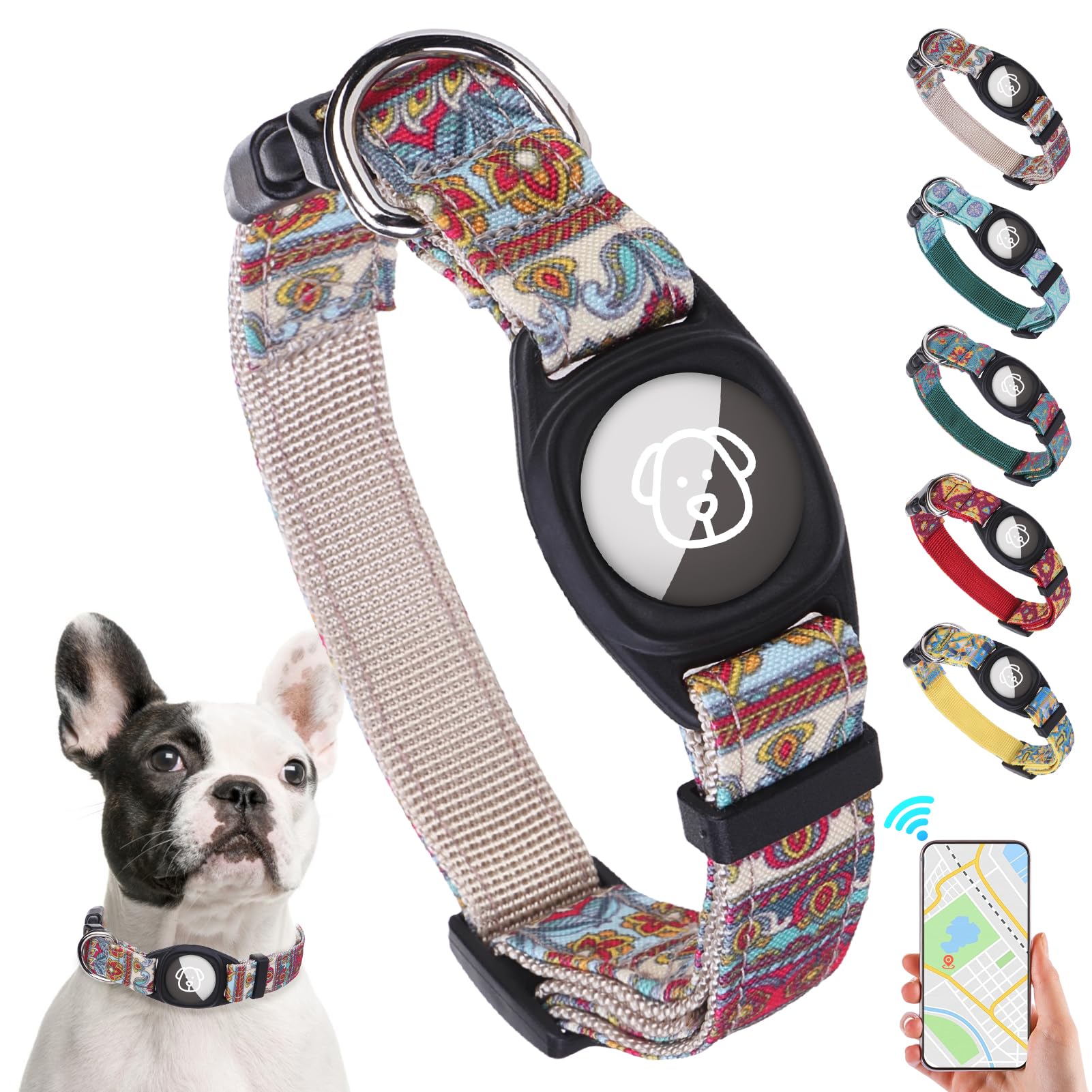 Colorful dog collar with digital display and app interface, featuring a dog and smartphone illustration.