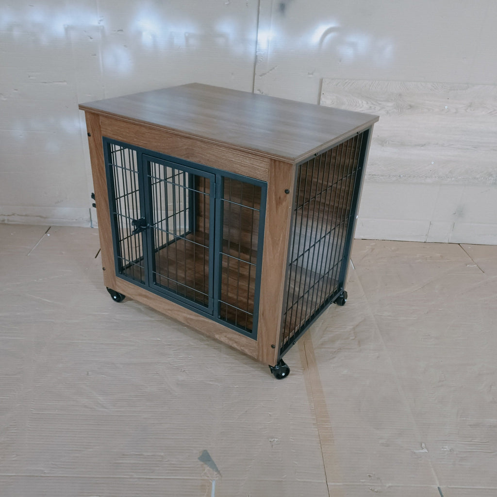 Wooden pet crate with metal bars on a tiled floor