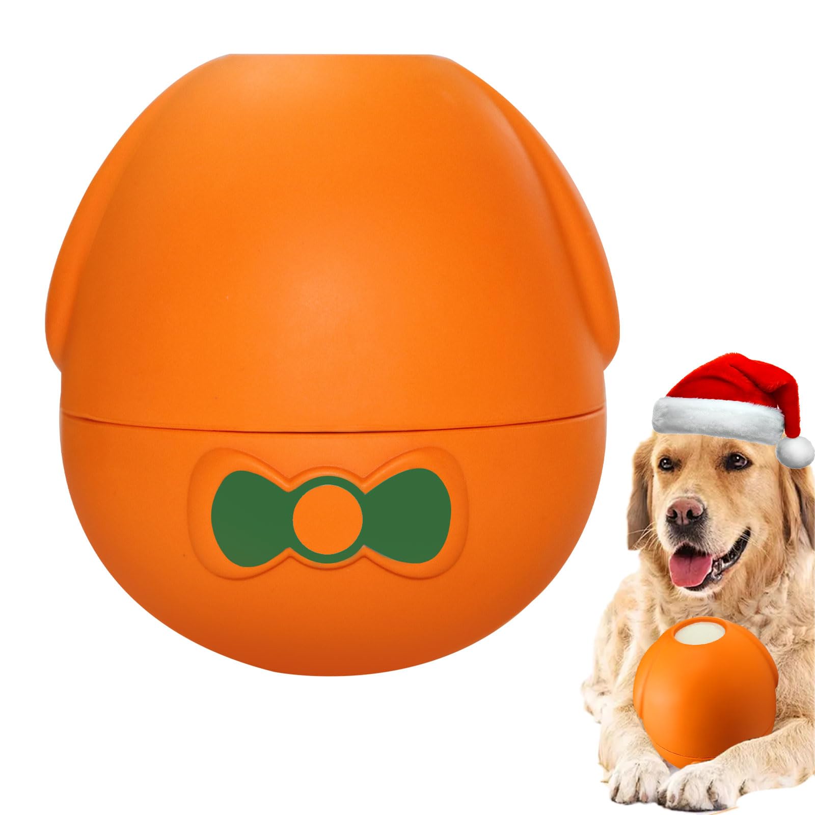 Orange ball-shaped toy with a green bow tie design, next to a dog wearing a Santa hat.