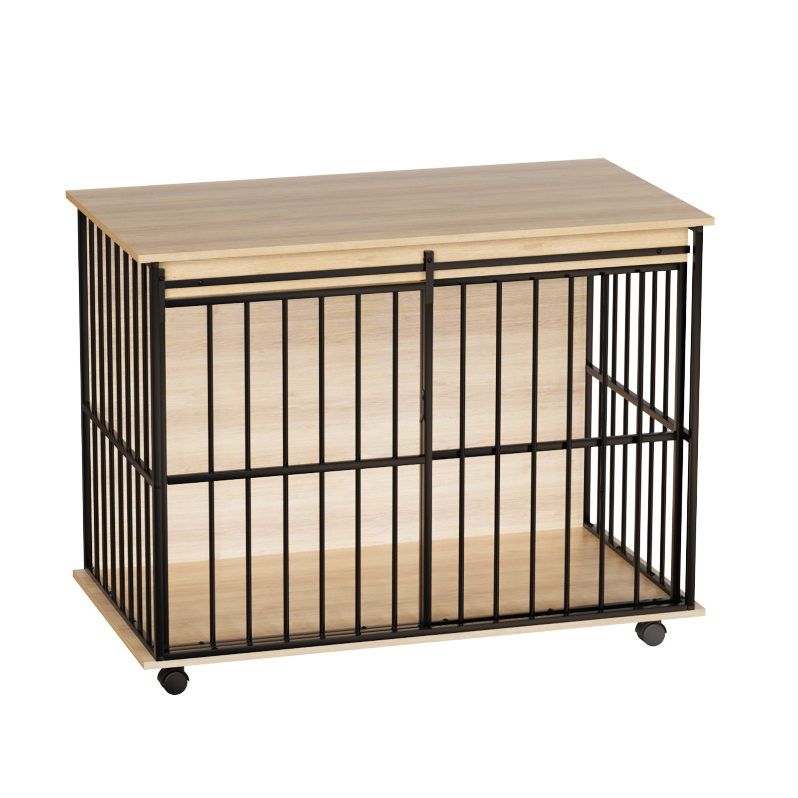 Dog crate with wooden top and bottom on a white background