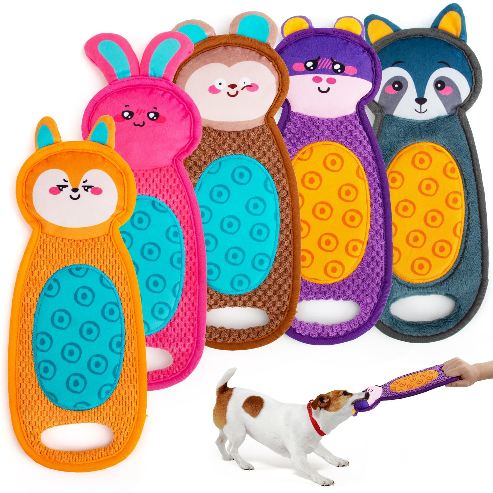 Five colorful dog toys shaped like animals with a dog holding one of them.