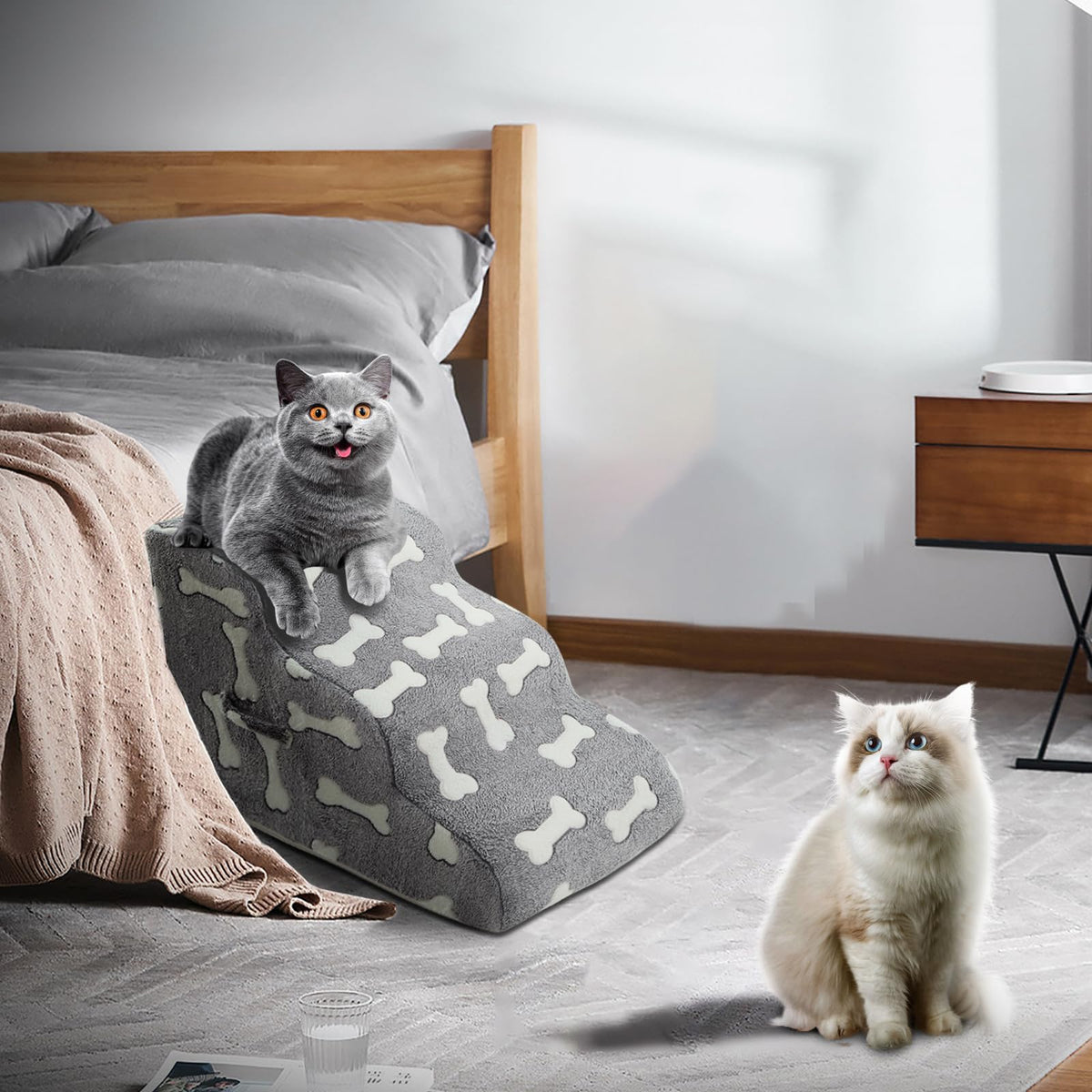 Vhaso Foam Dog Stairs — Washable Corduroy Cover, Anti-Slip, Joint-Friendly (2/3/4-Step, Grey & White)