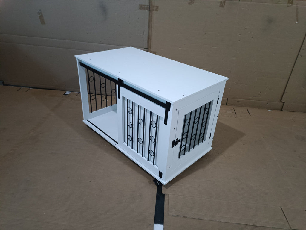 Modern Wooden Dog Crate Furniture with Sliding Barn Door – Indoor Pet Kennel
