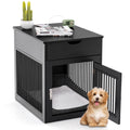Black pet crate with a dog inside, placed on a white background