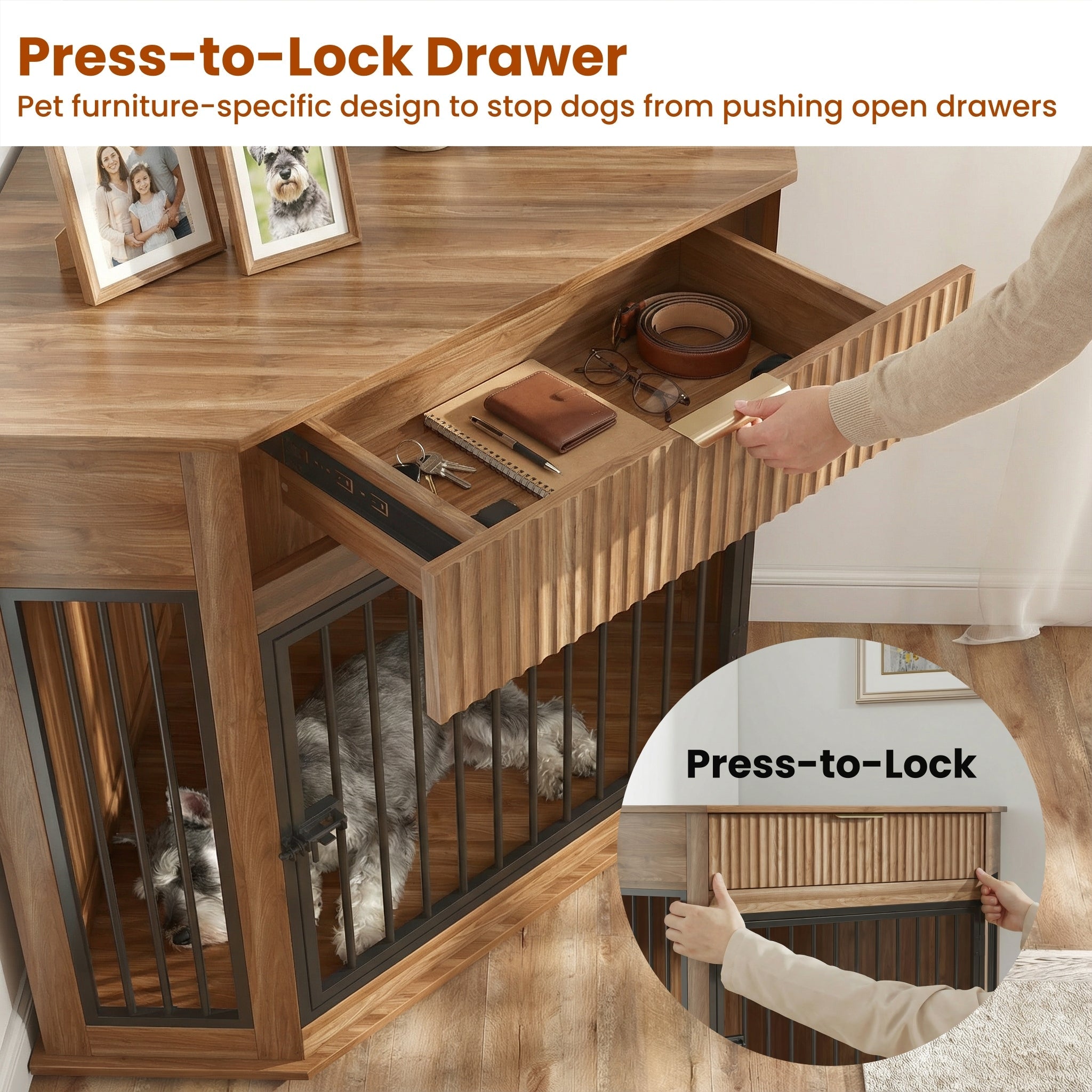 Corner Dog Crate Furniture with Fluted Drawer 