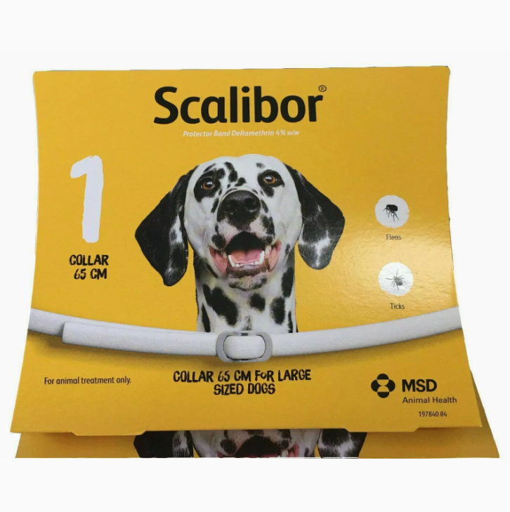 Scalibor dog collar packaging with a Dalmatian dog on a yellow background