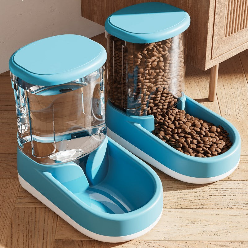 Blue pet feeder and water dispenser with food on a wooden floor.