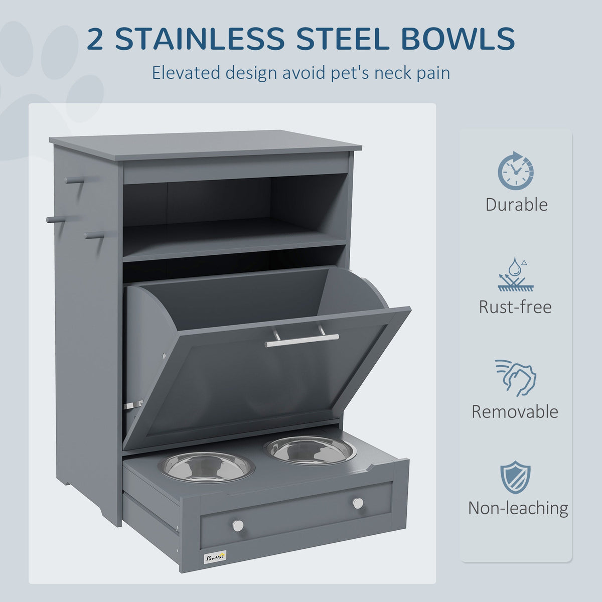 PawHut Pet Feeder Station Cabinet — Raised Bowls, Pull-Out Drawer, Storage Hooks, MDF (Grey, 32")