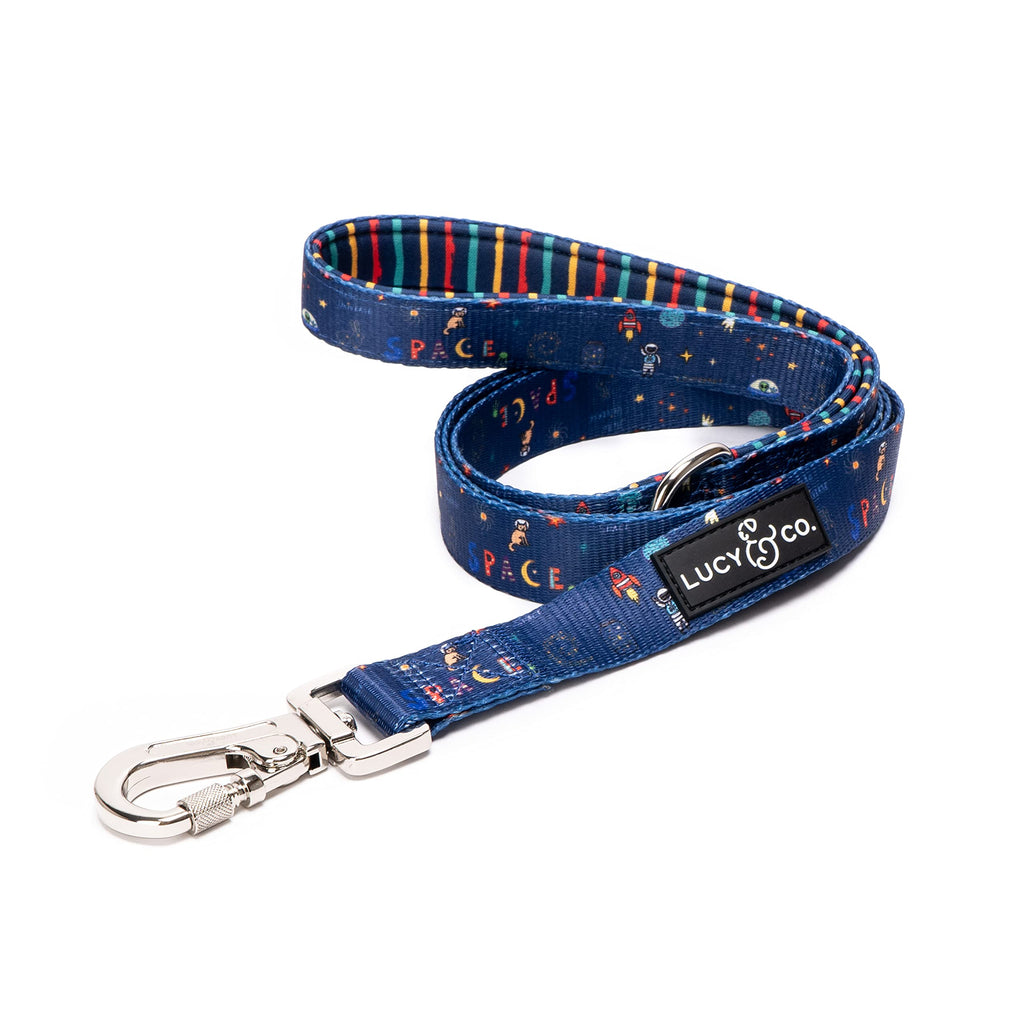 Blue dog leash with colorful pattern and 'Lucy & Co' logo on a white background