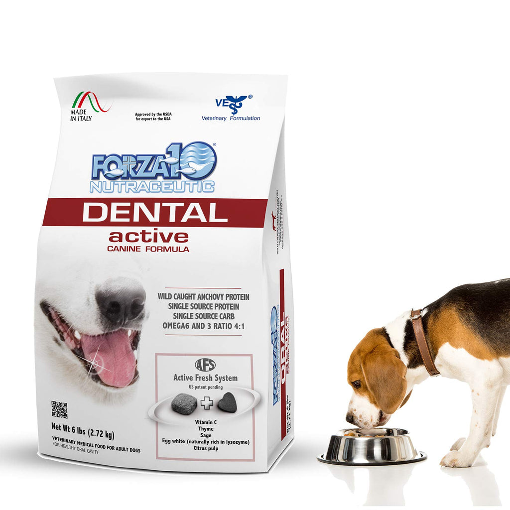 Forza10 Dental Active canine formula dog food package with a dog drinking from a bowl.