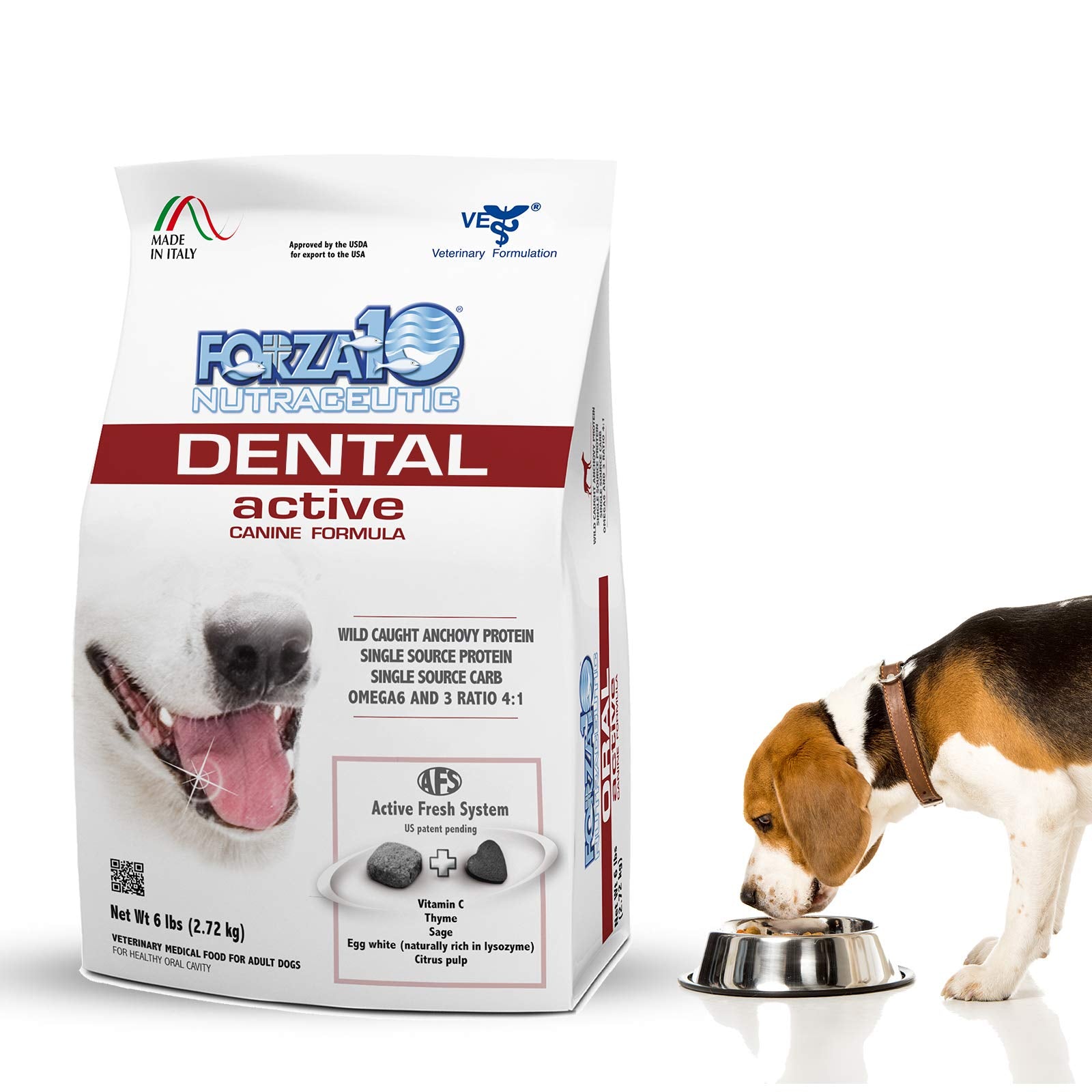 Forza10 Dental Active canine formula dog food package with a dog drinking from a bowl.