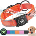 Orange dog collar with airbag mechanism on a white background, featuring water droplets.