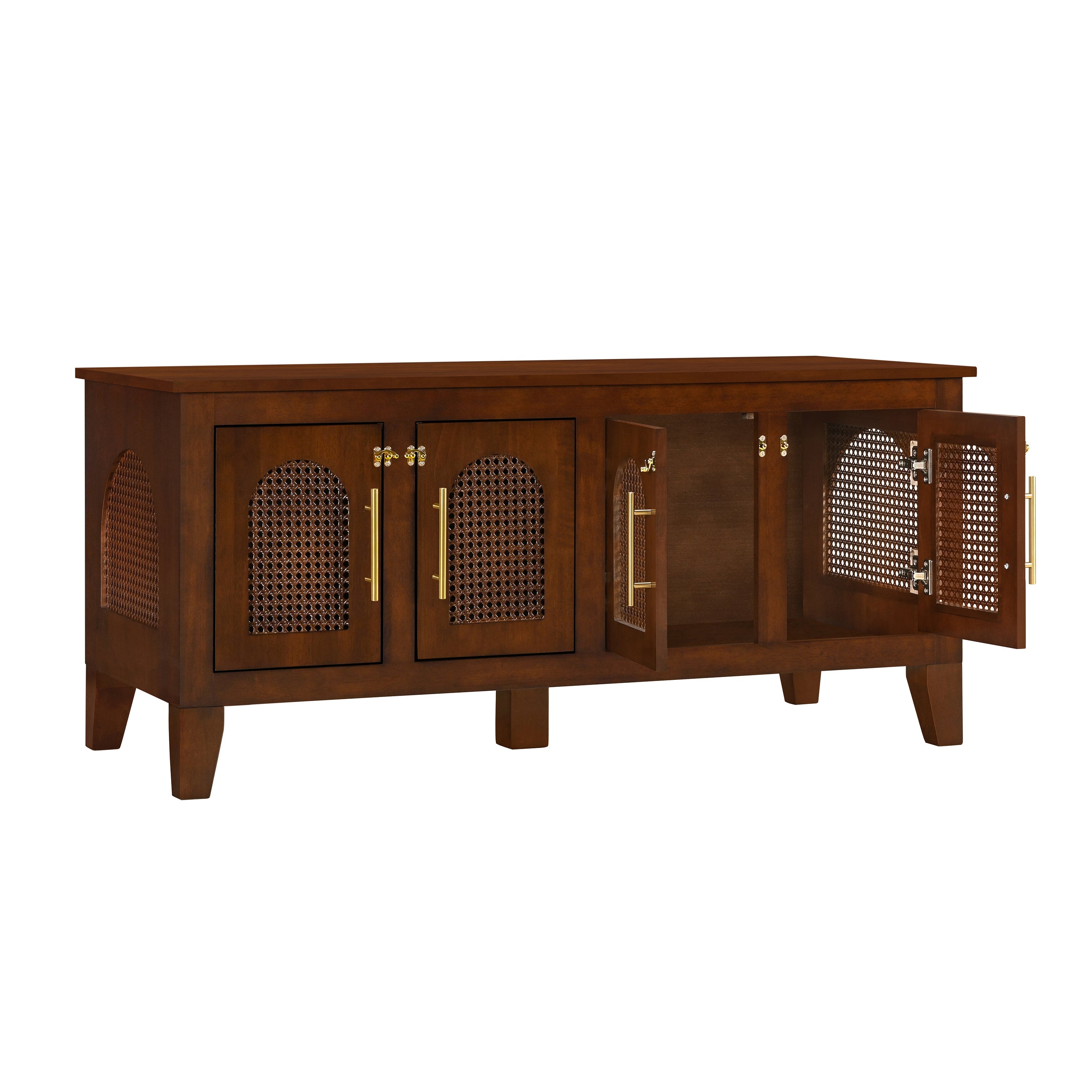 Wooden cabinet with open door on a white background