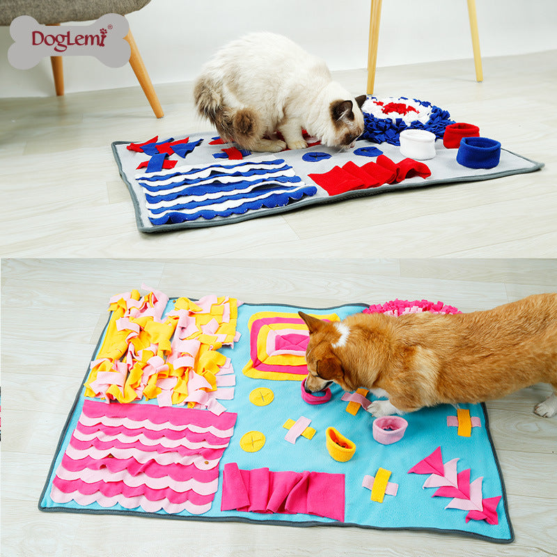 Two dogs playing with colorful mats on a wooden floor, with 'Doglem' branding visible.