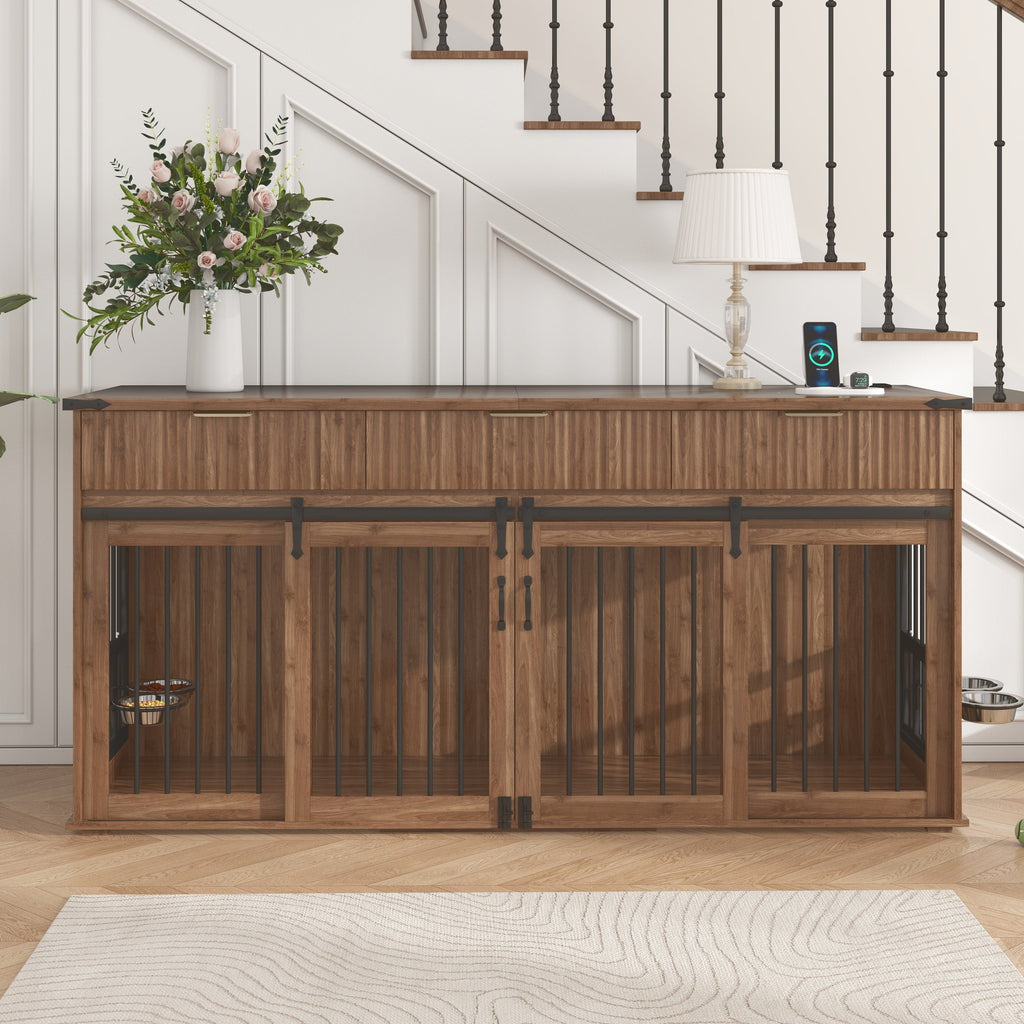 71" Double Dog Crate Furniture with Fluted Drawers, Feeders & Power Station
