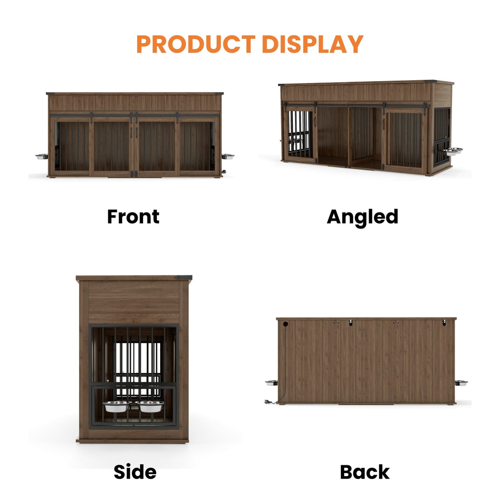 71" Double Dog Crate Furniture with Fluted Drawers, Feeders & Power Station
