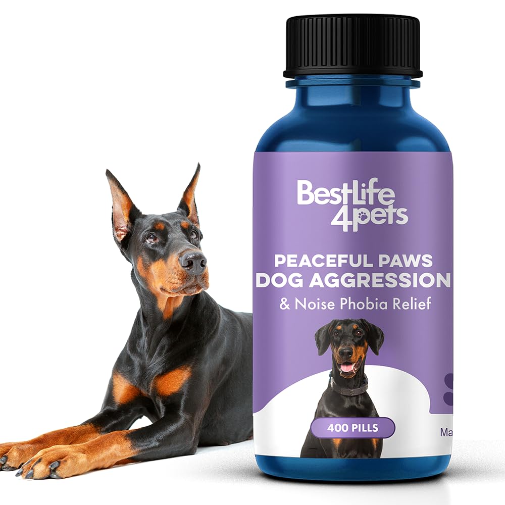 Bottle of BestLife4Pets product for dog aggression and noise phobia relief with a dog on a white background