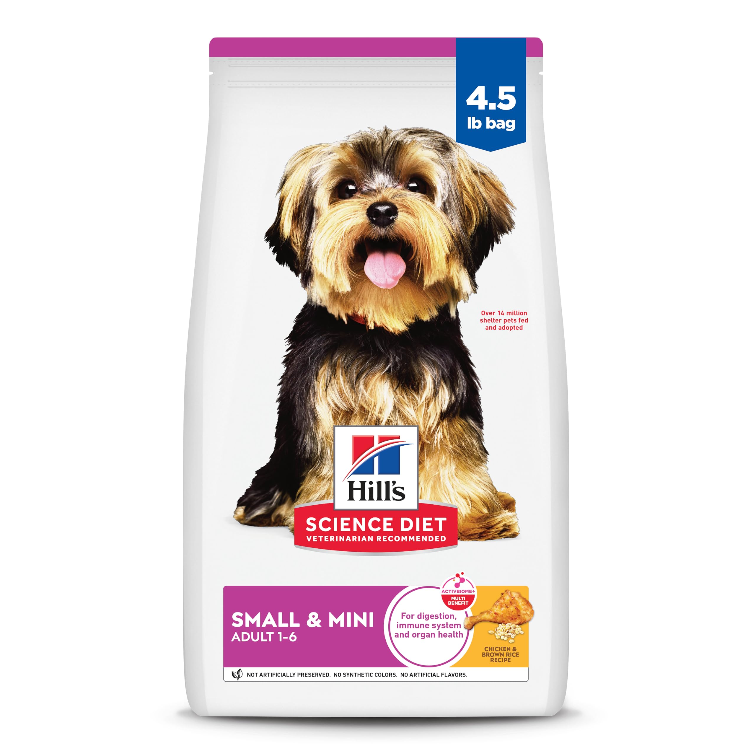 Hills Science Diet dog food package for small and mini adults on a white background