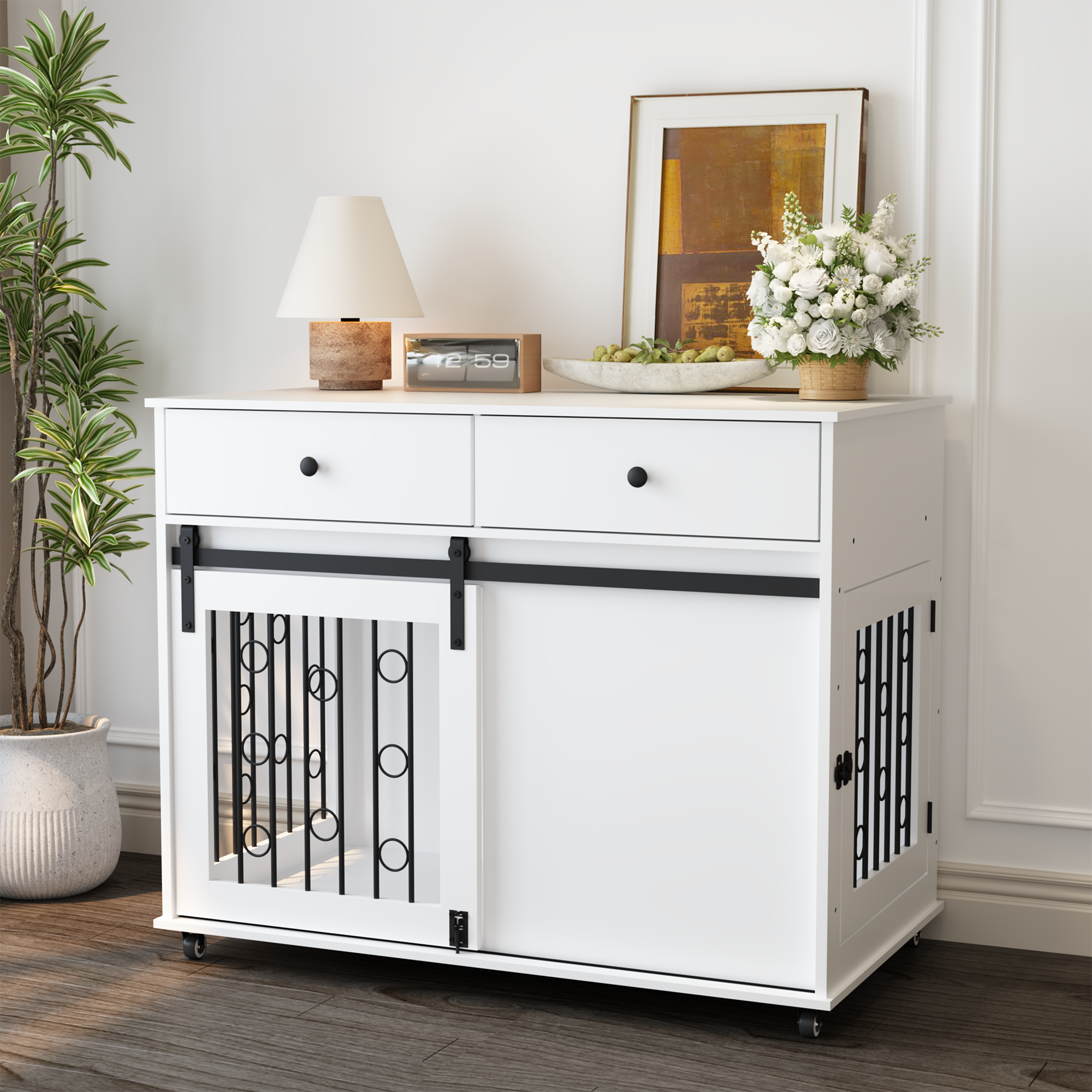 White pet crate with decorative metal gate in a room with a lamp, plant, and artwork.
