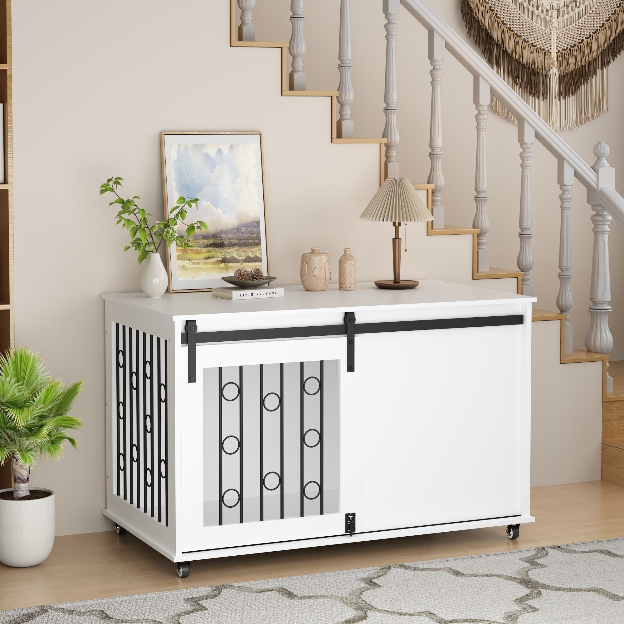 Modern Wooden Dog Crate Furniture with Sliding Barn Door – Indoor Pet Kennel