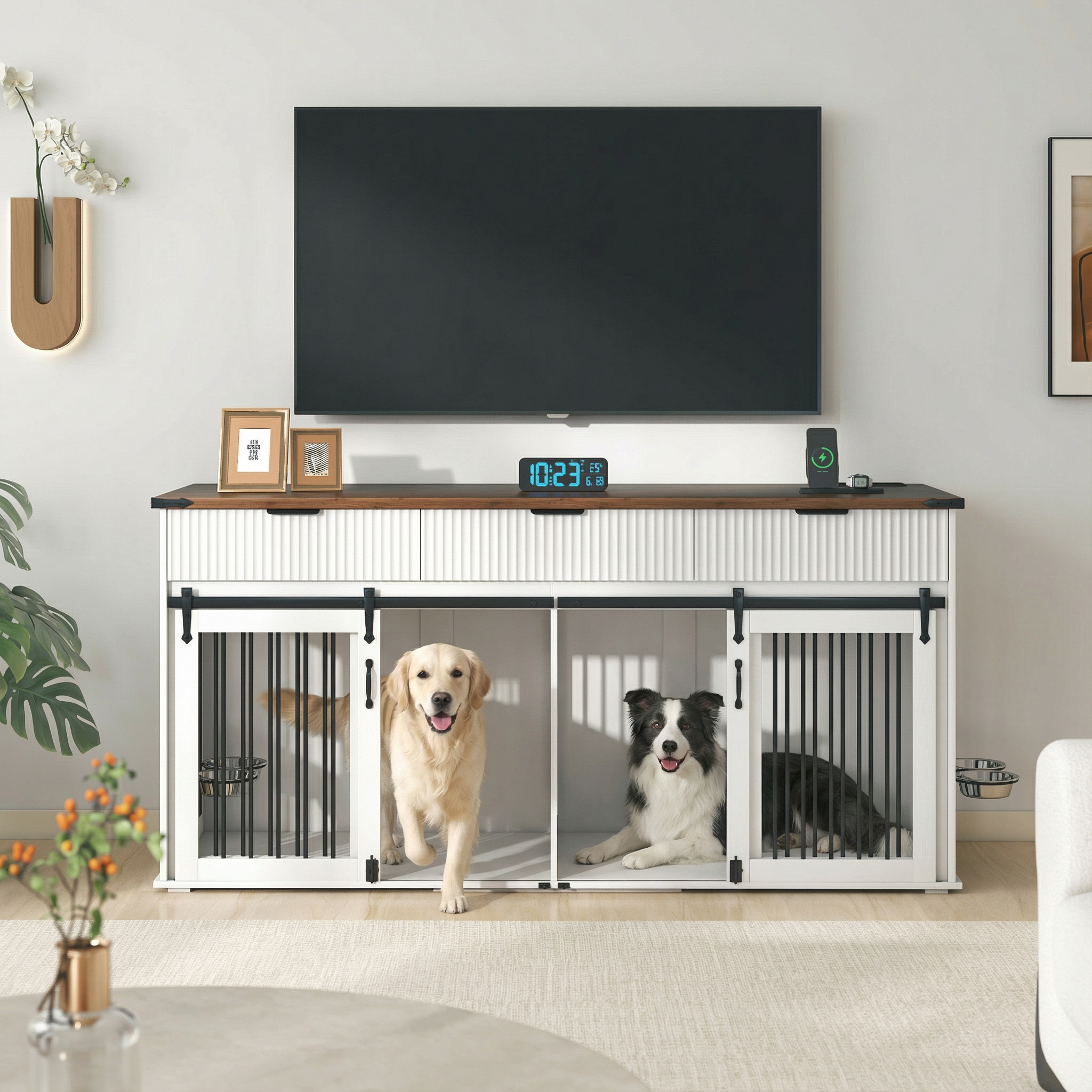 71" Double Dog Crate Furniture with Fluted Drawers, Feeders & Power Station