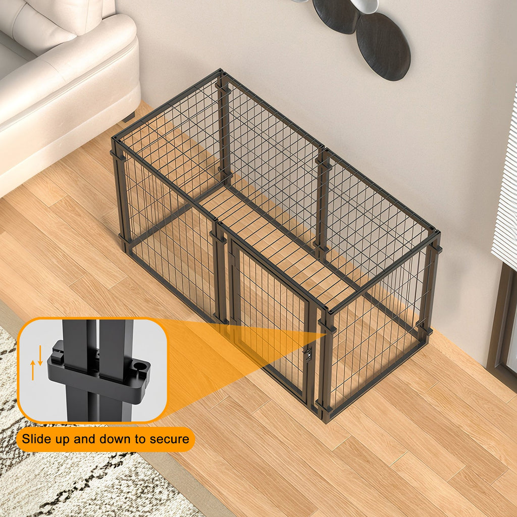 Black metal pet gate on a wooden floor with a sofa in the background