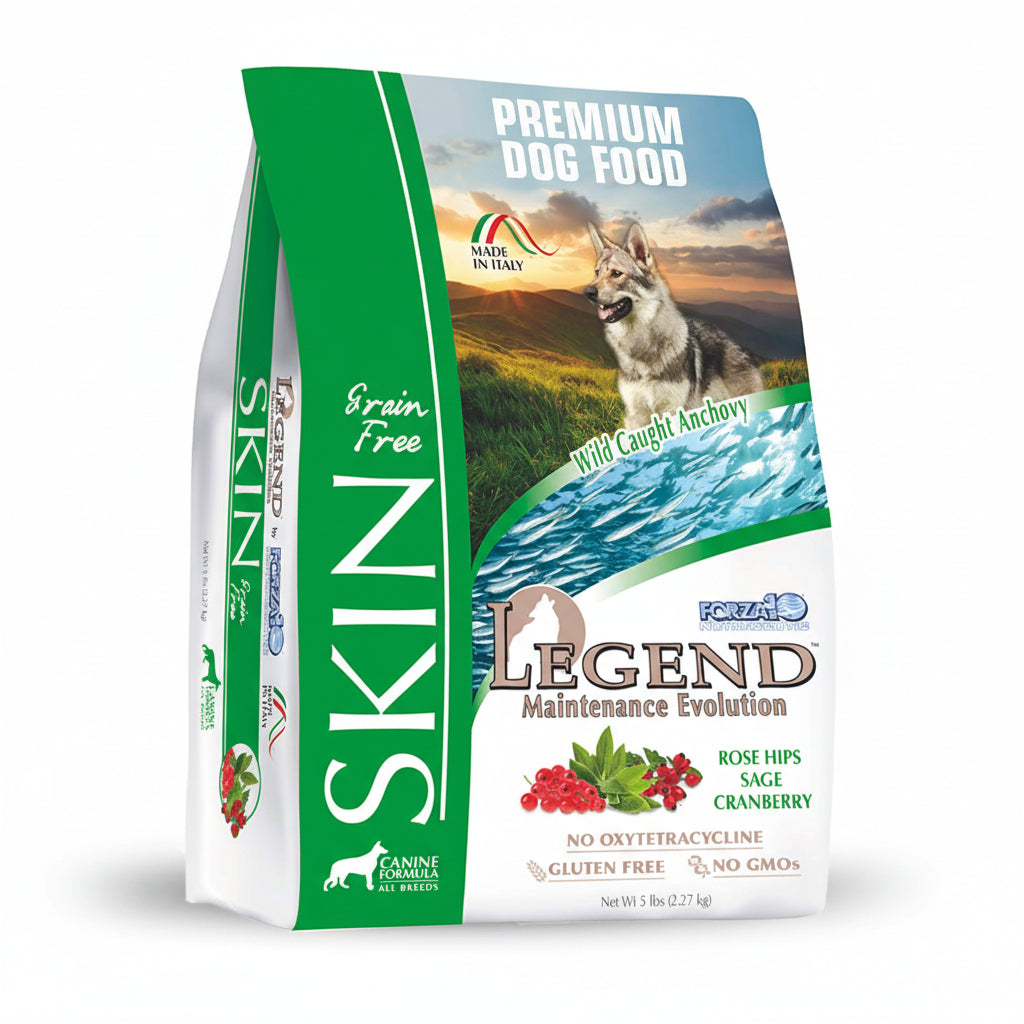 Dog food package with a scenic background and text about premium dog food.