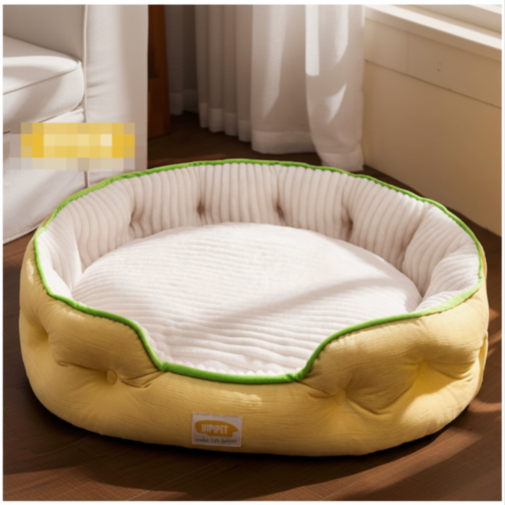Yellow pet bed with green trim on a wooden floor