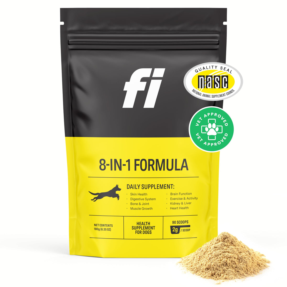 Dog supplement package with 'fi' brand and NASC quality seal on a white background