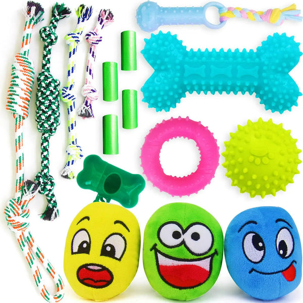 Assorted dog toys including bones, rings, and balls with faces on a white background