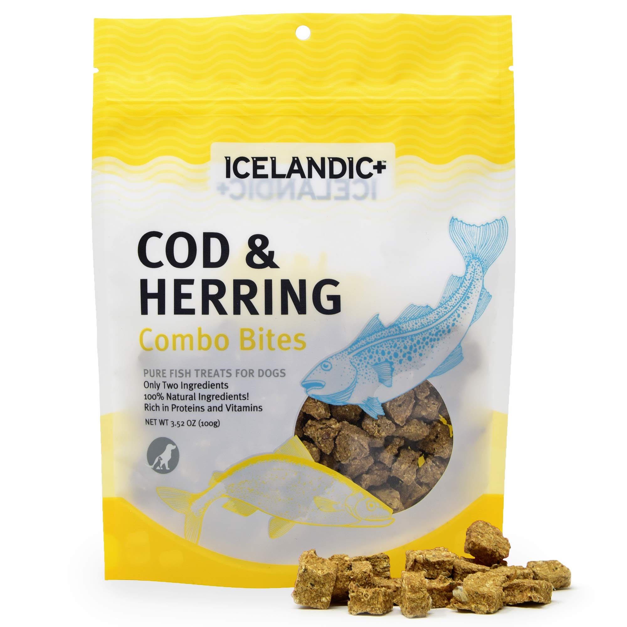Packaging of Icelandic+ Cod & Herring Combo Bites for dogs on a white background