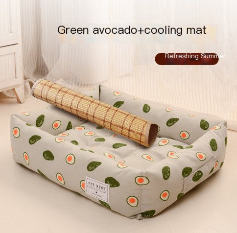 Pet bed with avocado pattern and cooling mat on a light background