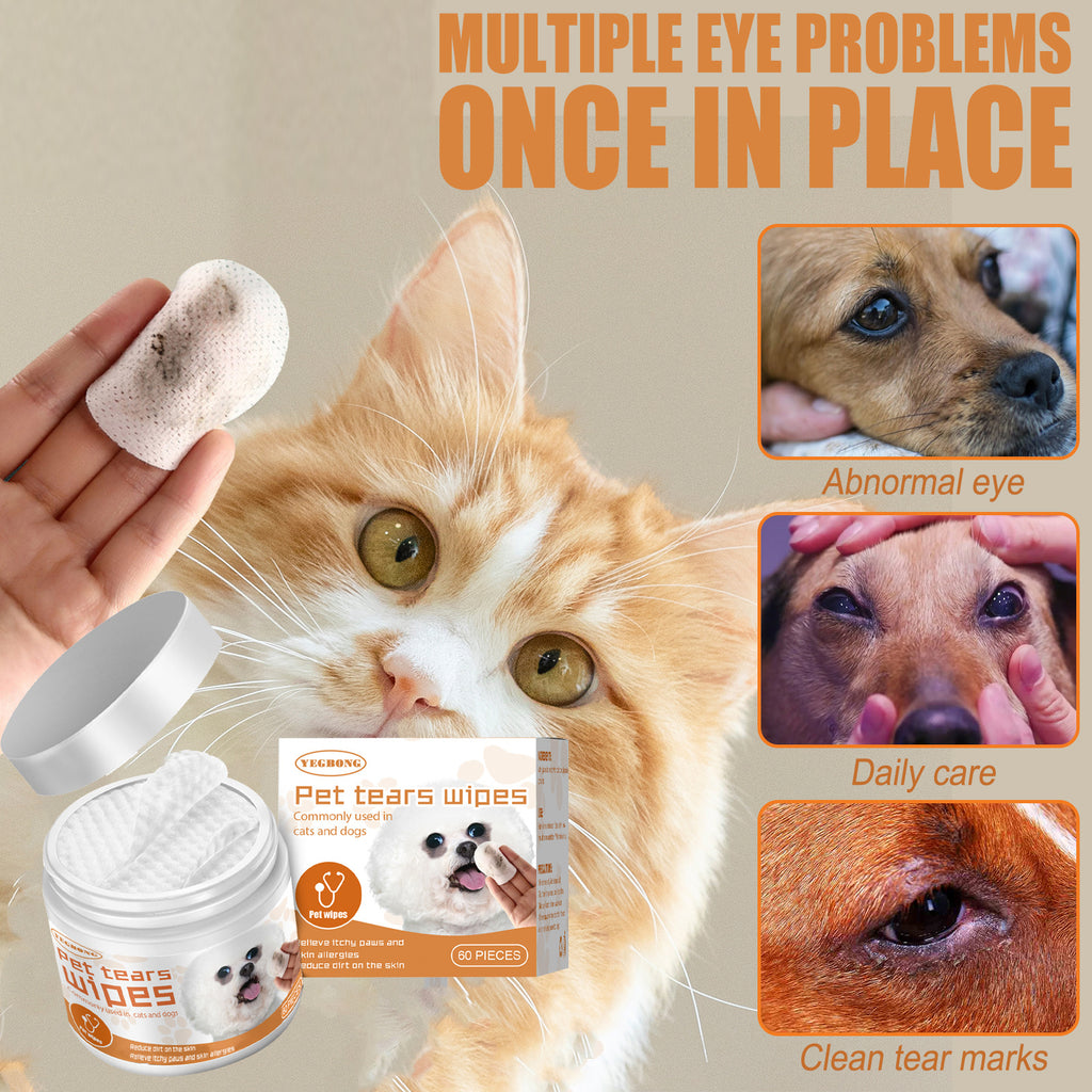 Pet tears wipes packaging with a cat and dog images showing eye care benefits.
