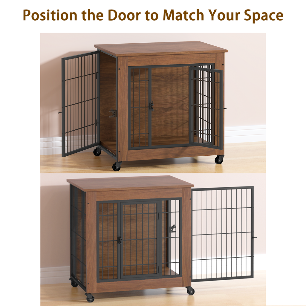Wooden pet crate with wheels on a wooden floor, with text 'Position the Door to Match Your Space'.