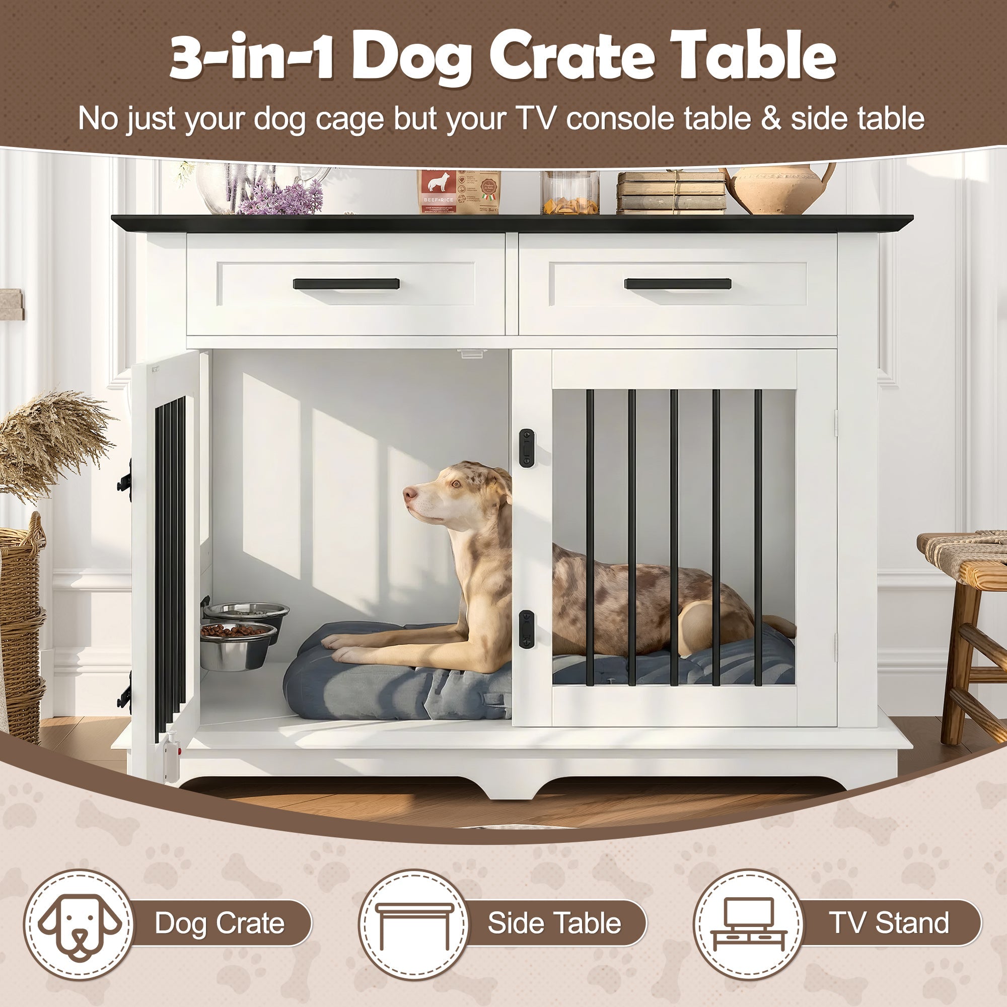 Wooden Dog Crate Furniture with Storage Drawers & Rotating Bowls – 44.48"