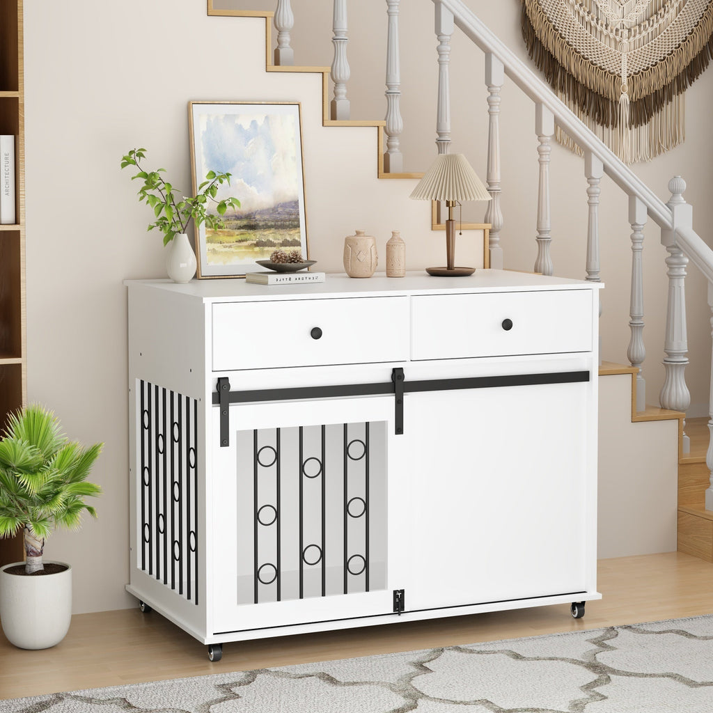 Modern Wooden Dog Crate Furniture with Sliding Barn Door – Indoor Pet Kennel