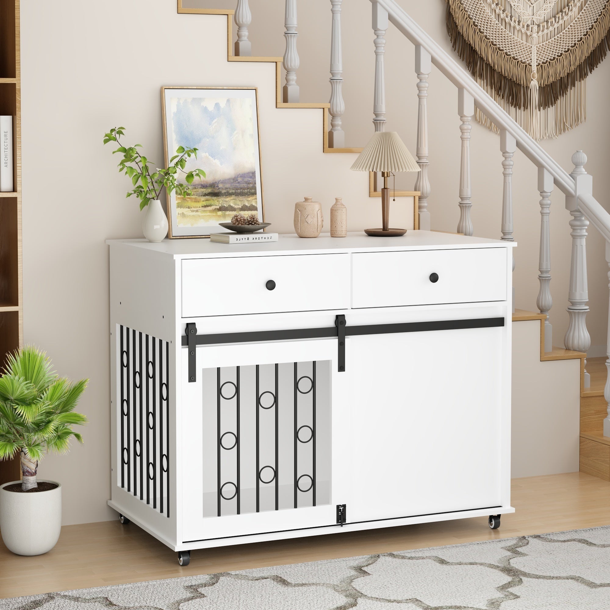 Modern Wooden Dog Crate Furniture with Sliding Barn Door – Indoor Pet Kennel
