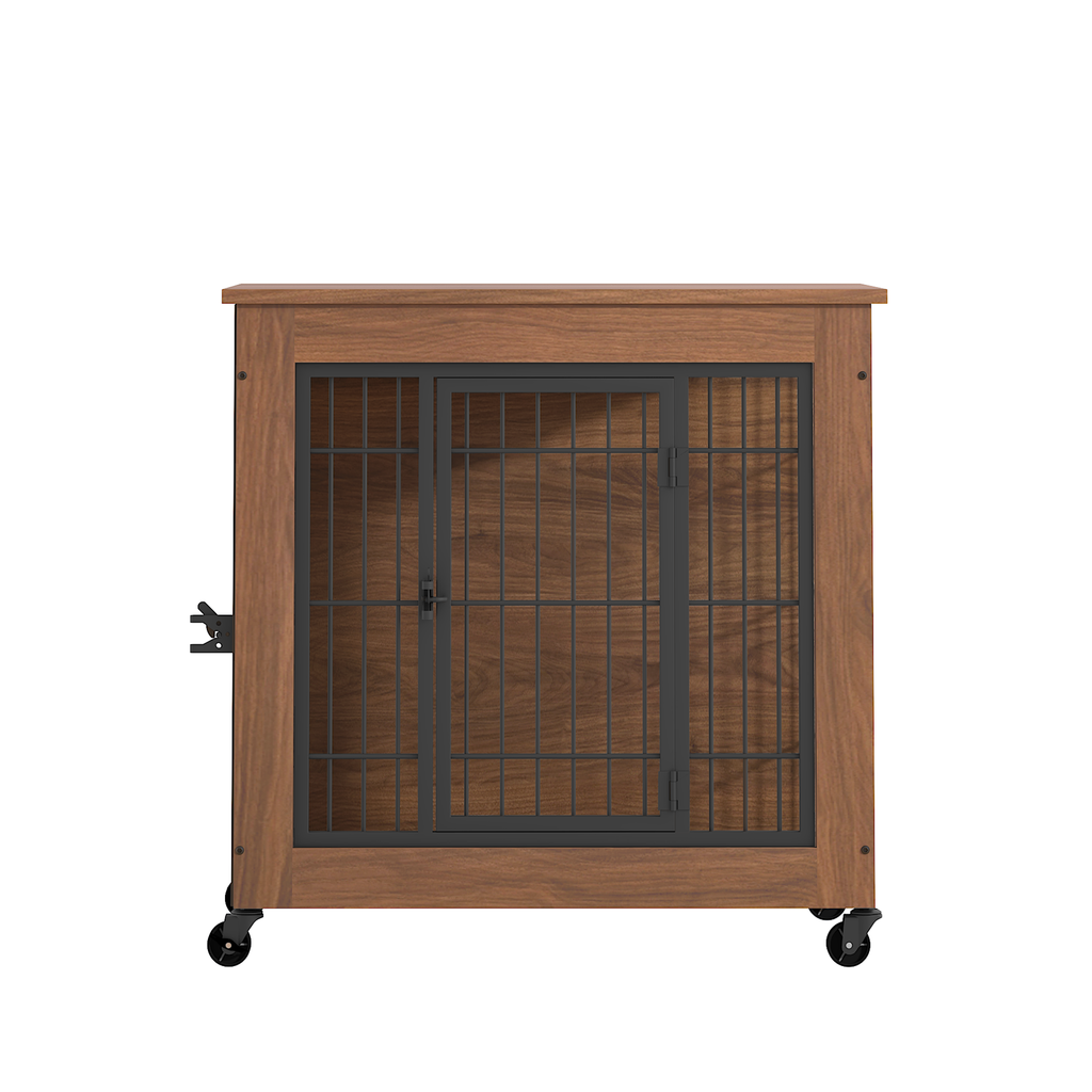 Wooden pet crate with metal grid door on a white background